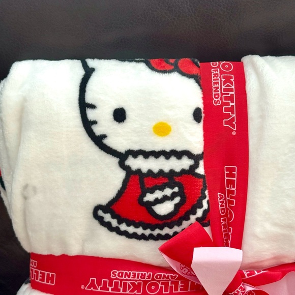 Hello Kitty in Santa Suit with Christmas Trees 60” x 90” Plush Christmas Blanket - Picture 2 of 7